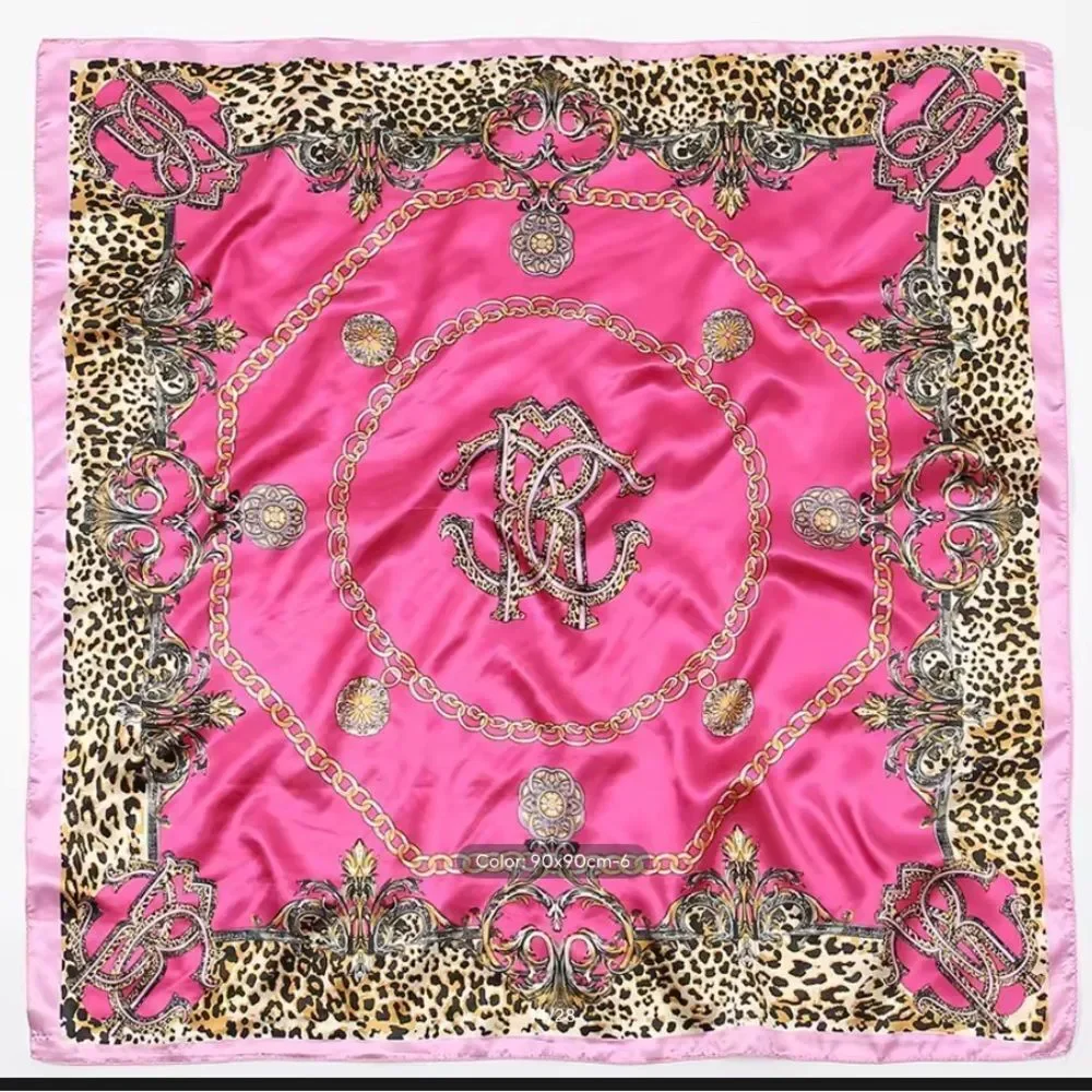 NEW! Hot Pink Silky Satin Square Scarf Leopard Printed Head